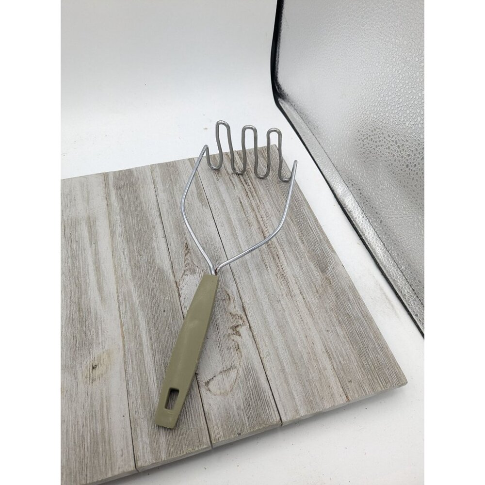 Vintage Potato Vegetable Masher Stainless Steel Olive Green Handle Utensil 11"